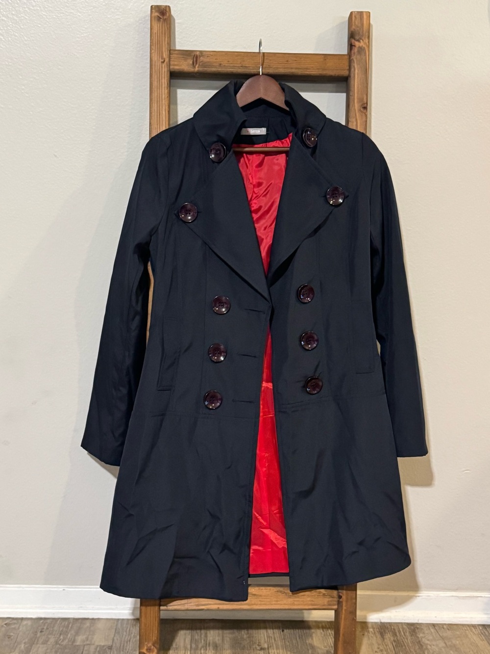 Classic Black Double-Breasted Trench Coat with Red Lining